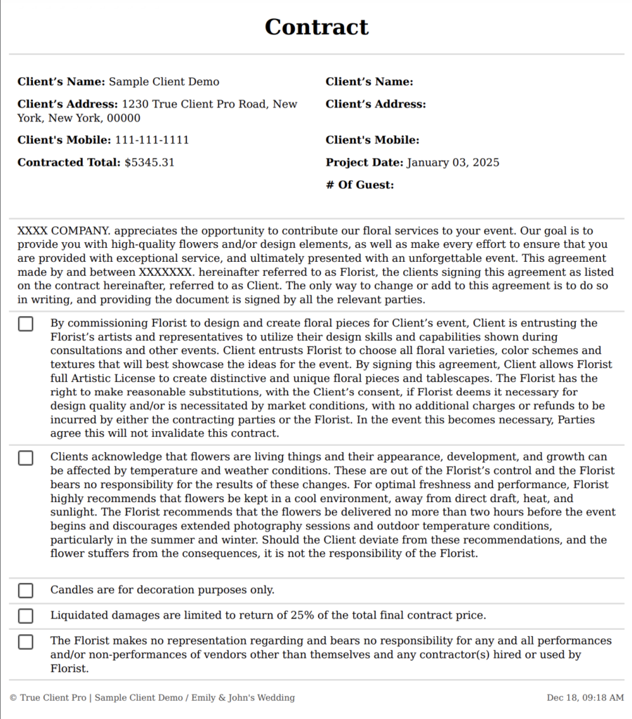 Wedding Florist Contract for Proposals True Client Pro